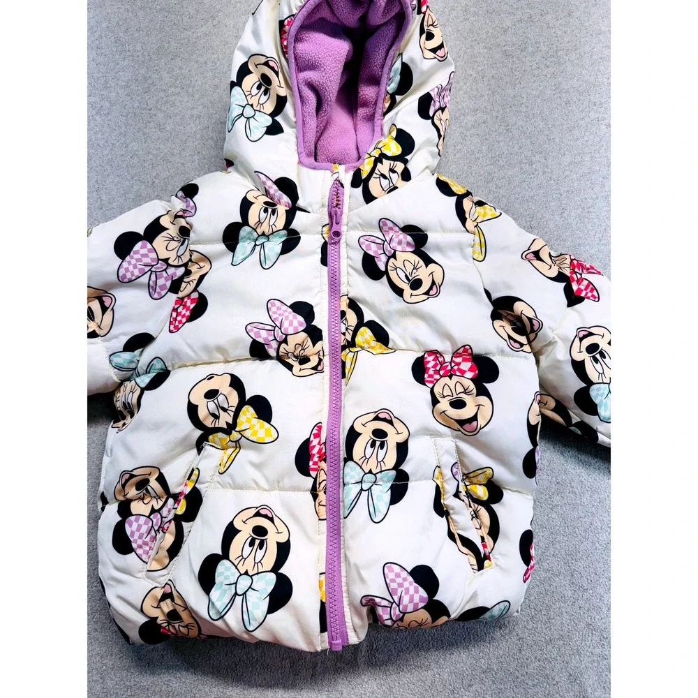Disney Jumping Beans Puffer Jacket Kids 5T White Minnie Mouse Fleece Lined Coat